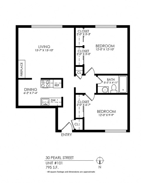 Floor plan for 2 beds, 1 bath, 745 sqft